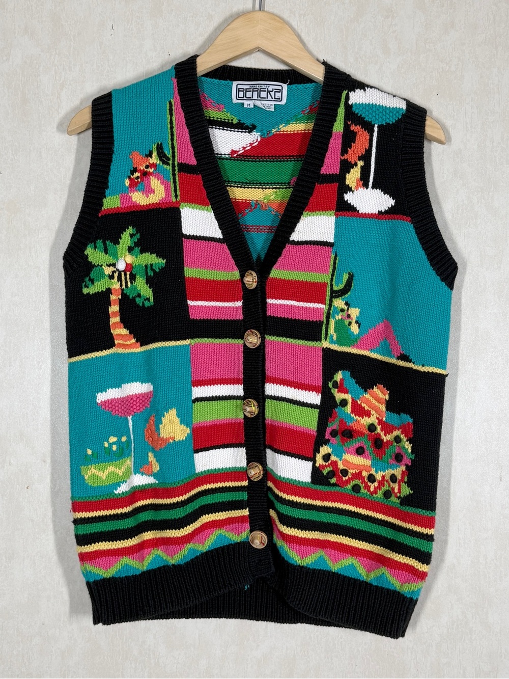 Berek Women’s Vintage Hand Knit Cardigan Vest Parti Cocktail in Multicolor M